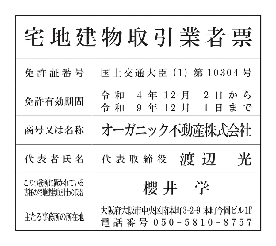 宅地建物取引業者票。免許証番号:国土交通大臣(1)第10304号、免許有効期間:令和4年12月2日から令和9年12月1日まで、商号:オーガニック不動産株式会社、代表者氏名:代表取締役 渡辺光、専任の宅地建物取引士の氏名:櫻井学、主たる事務所の所在地:大阪府大阪市中央区南本町3-2-9 本町今岡ビル1F、電話番号:050-5810-8757。